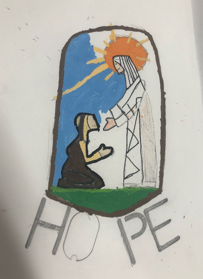 a man kneels before a holy man, the sun shines upon both of them 